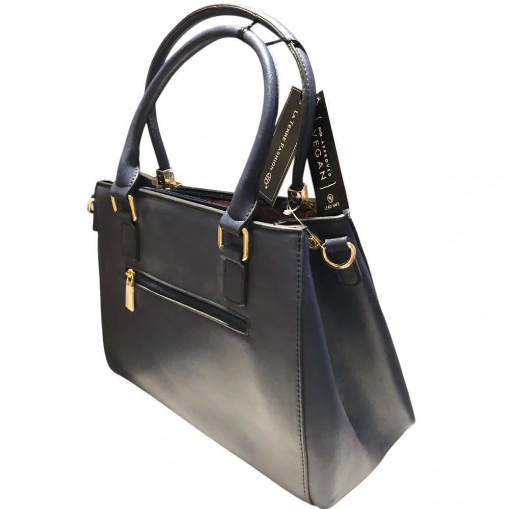 LA‎ TERRE FASHION N.W.T. RARE Croc-Accent Satchel Handbag.Navy Blue/Gold Leather